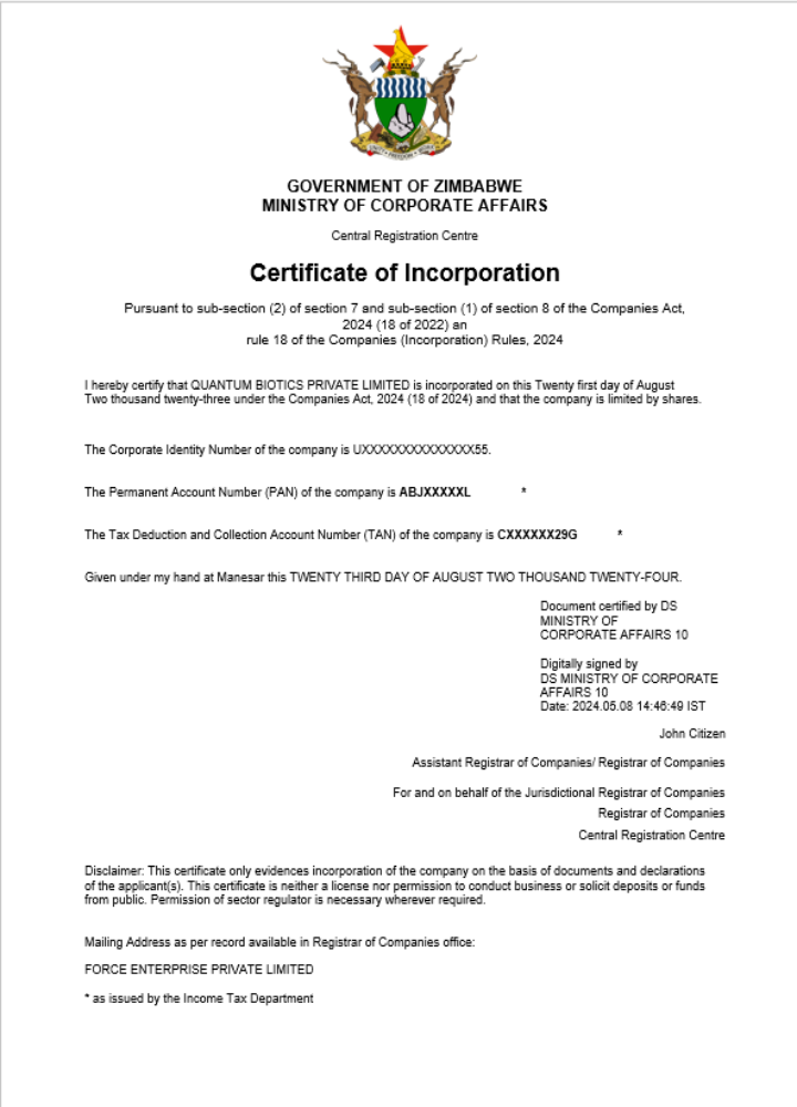Zimbabwe business registration certificate Word and PDF template